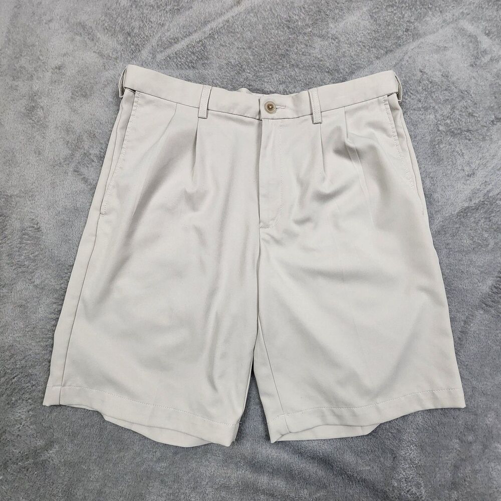 Cool 18 Pro Men's Beige Pleated Shorts Size 34 9" Inseam Stretch Waist Comfort